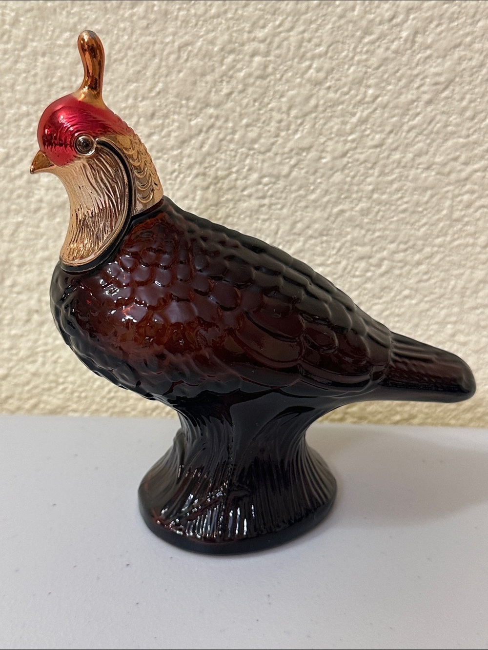 Avon Vintage Quail Decanter Amber Glass Bottle with Red & Gold toned accents